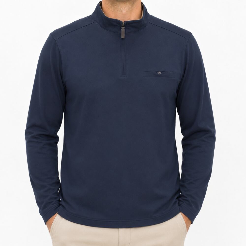Age Of Wisdom Sweater Mens Large Blue Long Sleeve Mock Neck 1/4 Zip Stretch